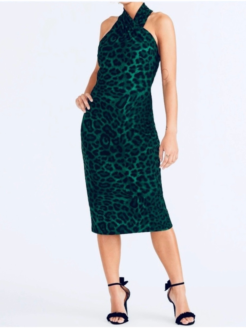RACHEL Rachel Roy Green and Black Leopard Print Glam Rock Midi Dress